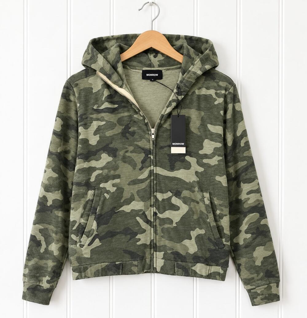 Monrow Supersoft Camo Zip Hoodie Womens XS Green Camouflage NWT